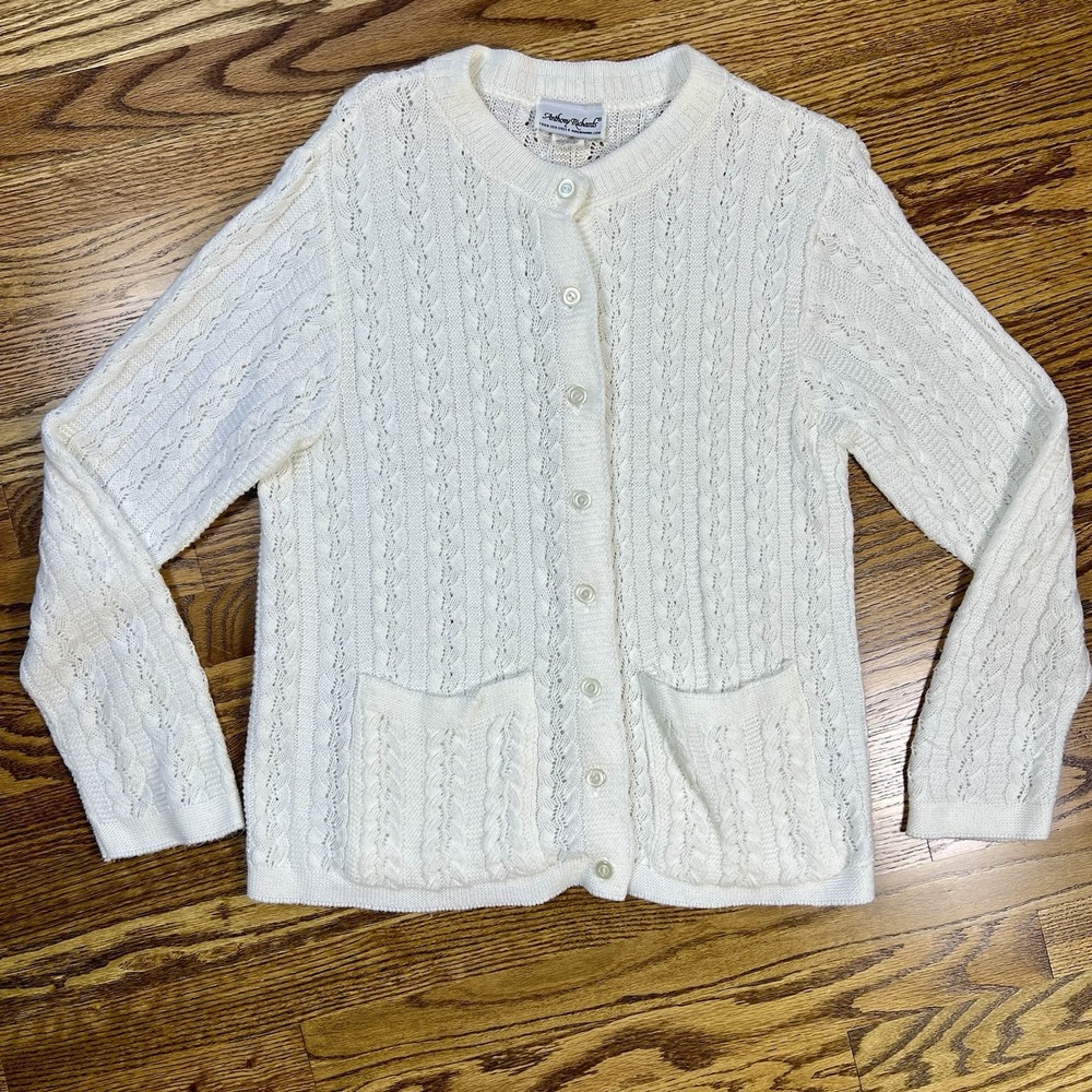 Vintage Anthony Richards Cable Knit Cardigan Sweater Pockets‎ Made In USA Sz S